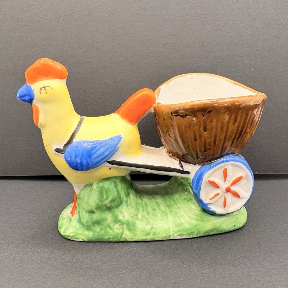 Vintage Ceramic Rooster Pulling Cart Egg Cup Planter 1950s Occupied Japan Kitsch